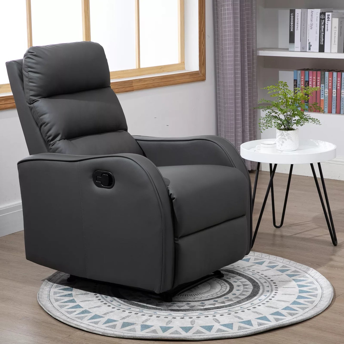 Poilsio krėslas su atlenkiama atrama kojoms, išskleidžiama kojų atrama, dirbtinė oda, tamsiai pilkos spalvos