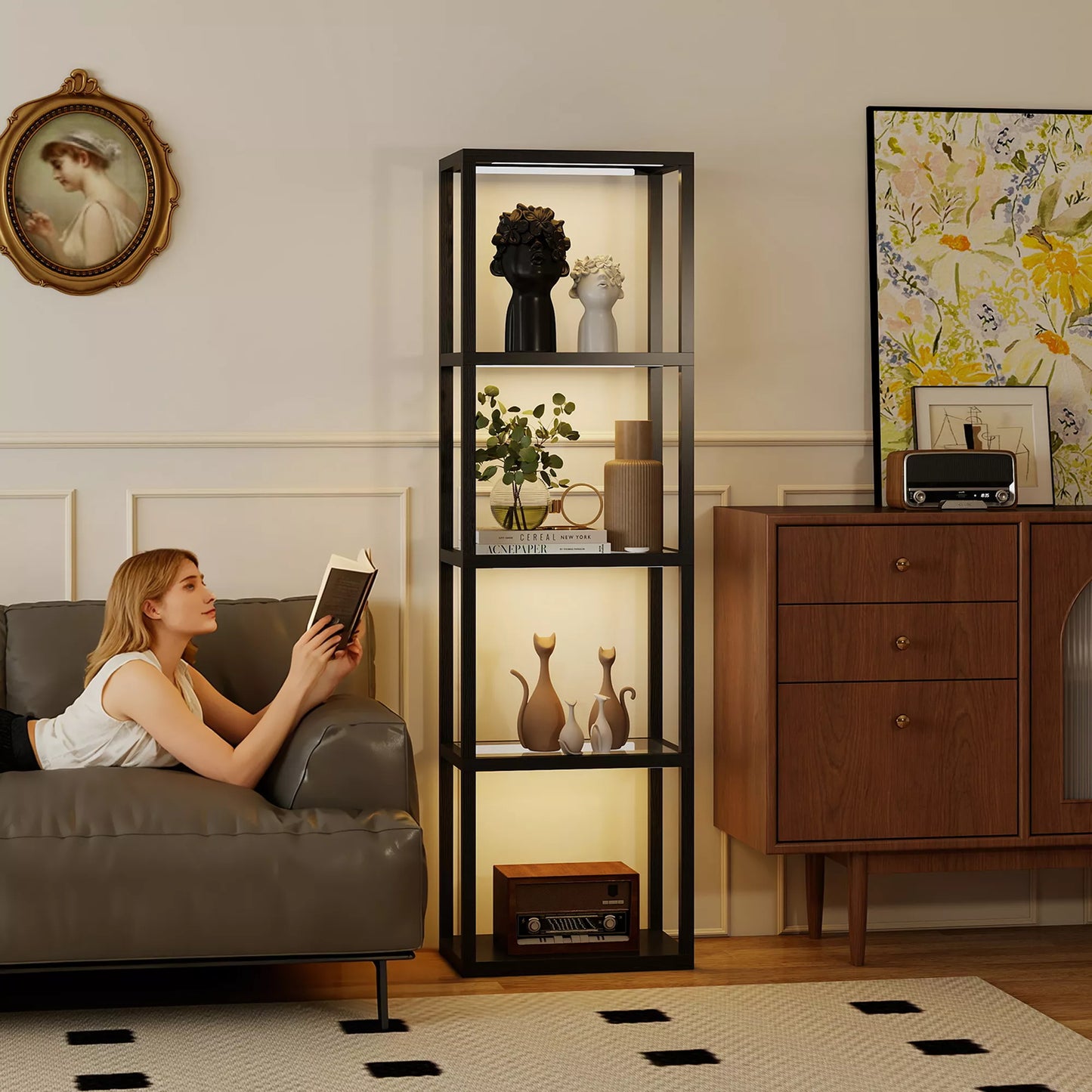 RGB stovas su stiklinėmis lentynomis, 4 lygių LED stovas su nuotolinio valdymo pultu, muzikos sinchronizavimas, juodas