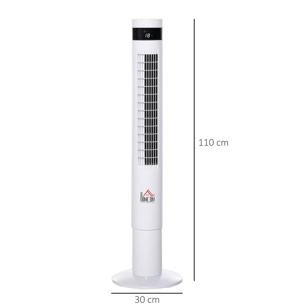 Bokštinis ventiliatorius, stovinis ventiliatorius su 3 ventiliacijos greičiais, nuotolinio valdymo pultas, 50 W ventiliatorius su 12 val. laikmačiu, LCD ekranas, 85° svyravimas, miegamajam, baltas