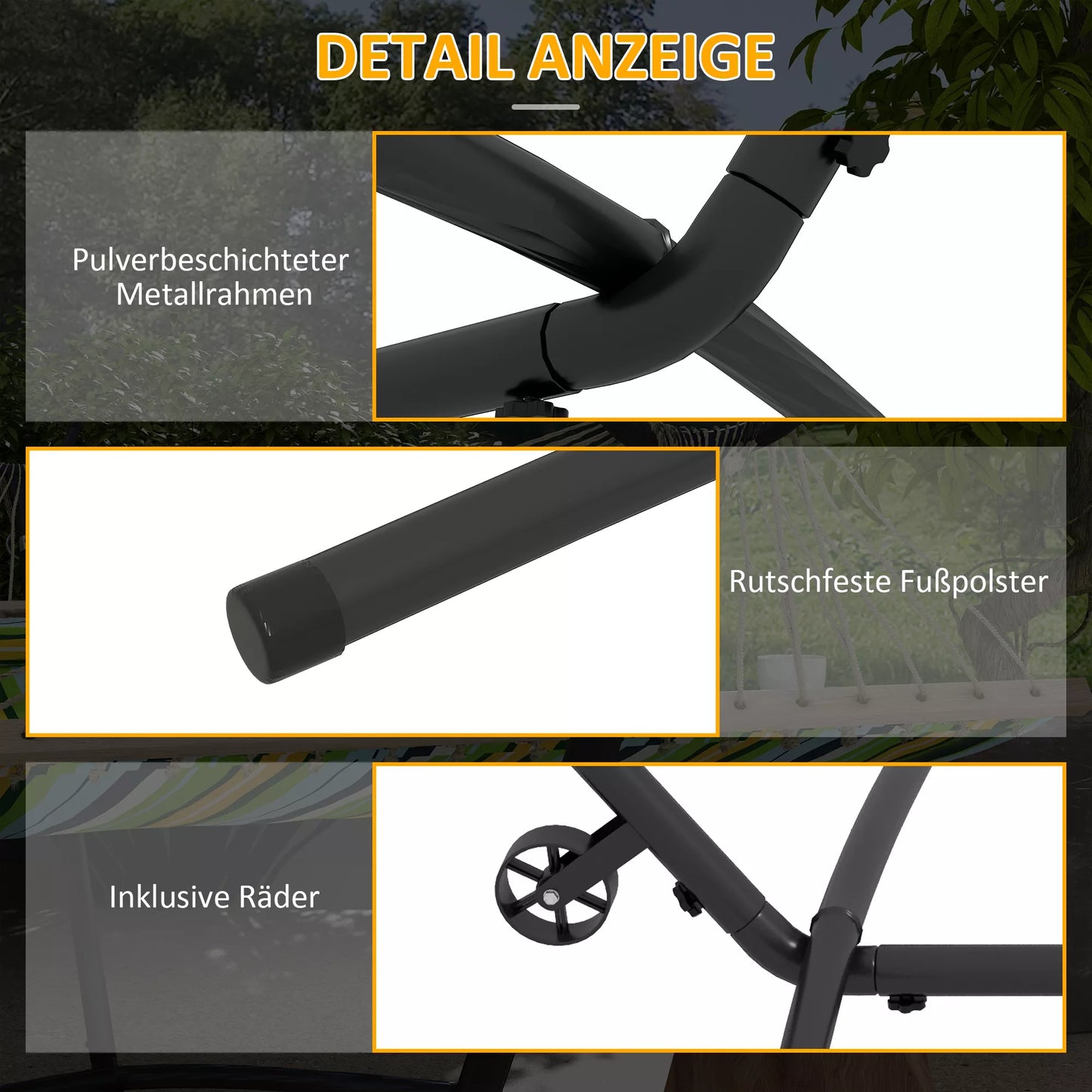 Hamako stovas Hamako rėmas, atsparus atmosferos poveikiui, reguliuojamo dydžio, 290 cm x 120 cm x 115 cm, juodas