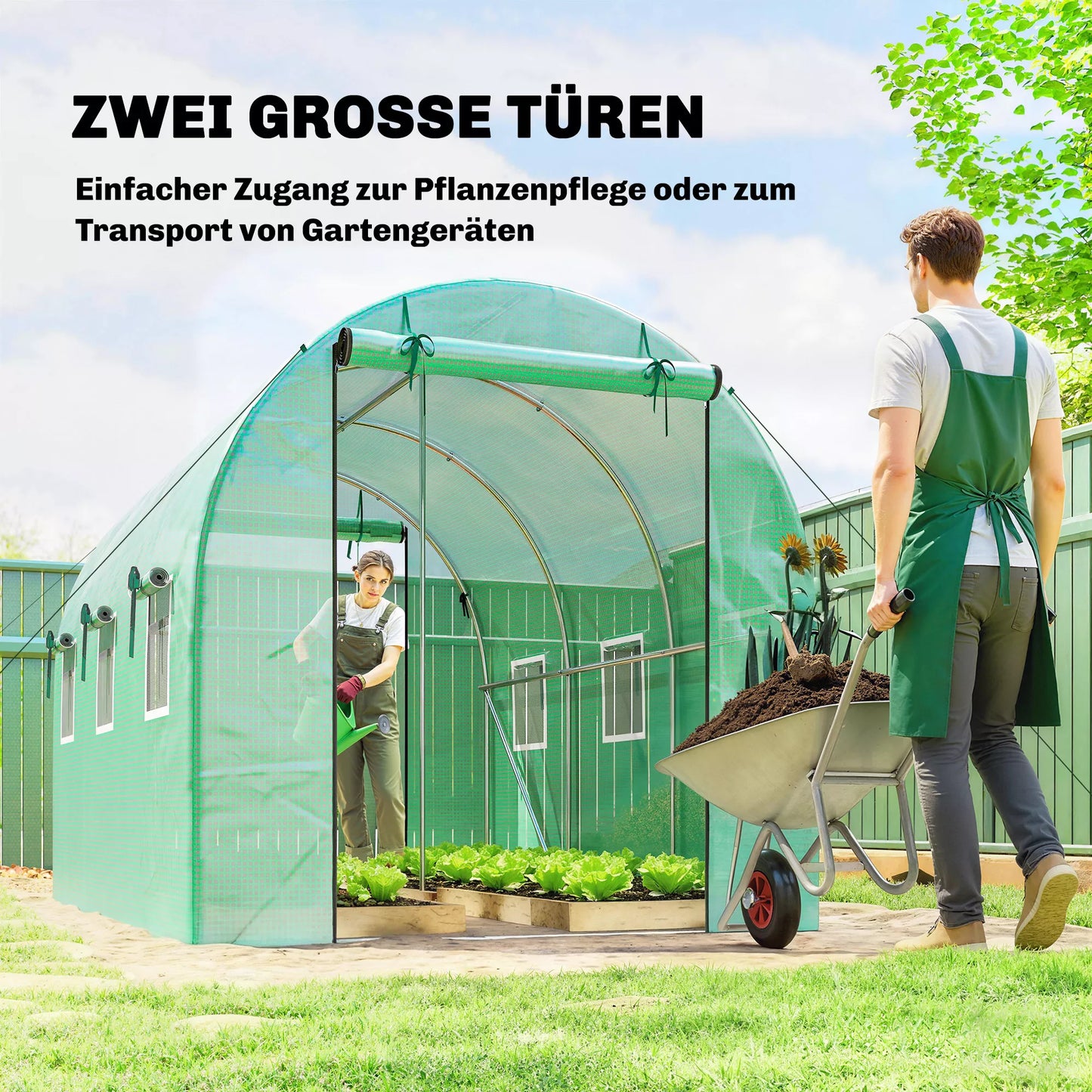 Šiltnamis su dvejomis užtraukiamomis durelėmis ir šešiais tinkliniais langais, plėvelinis ir plienas, 3 x 2 x 2 m, žalia