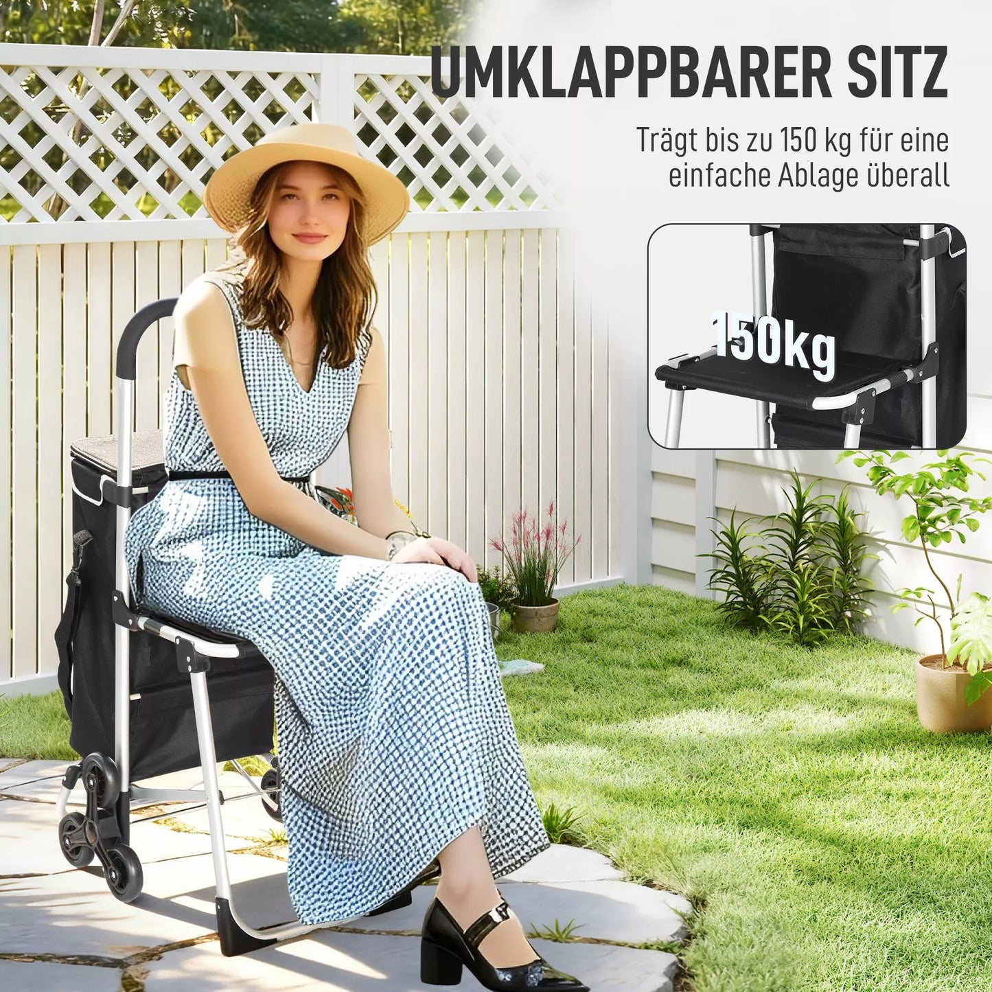 Pirkinių vežimėlis, 40 L Oxford krepšys, 3 ratukų dizainas, aliuminio rėmas, sėdynė, pilkas