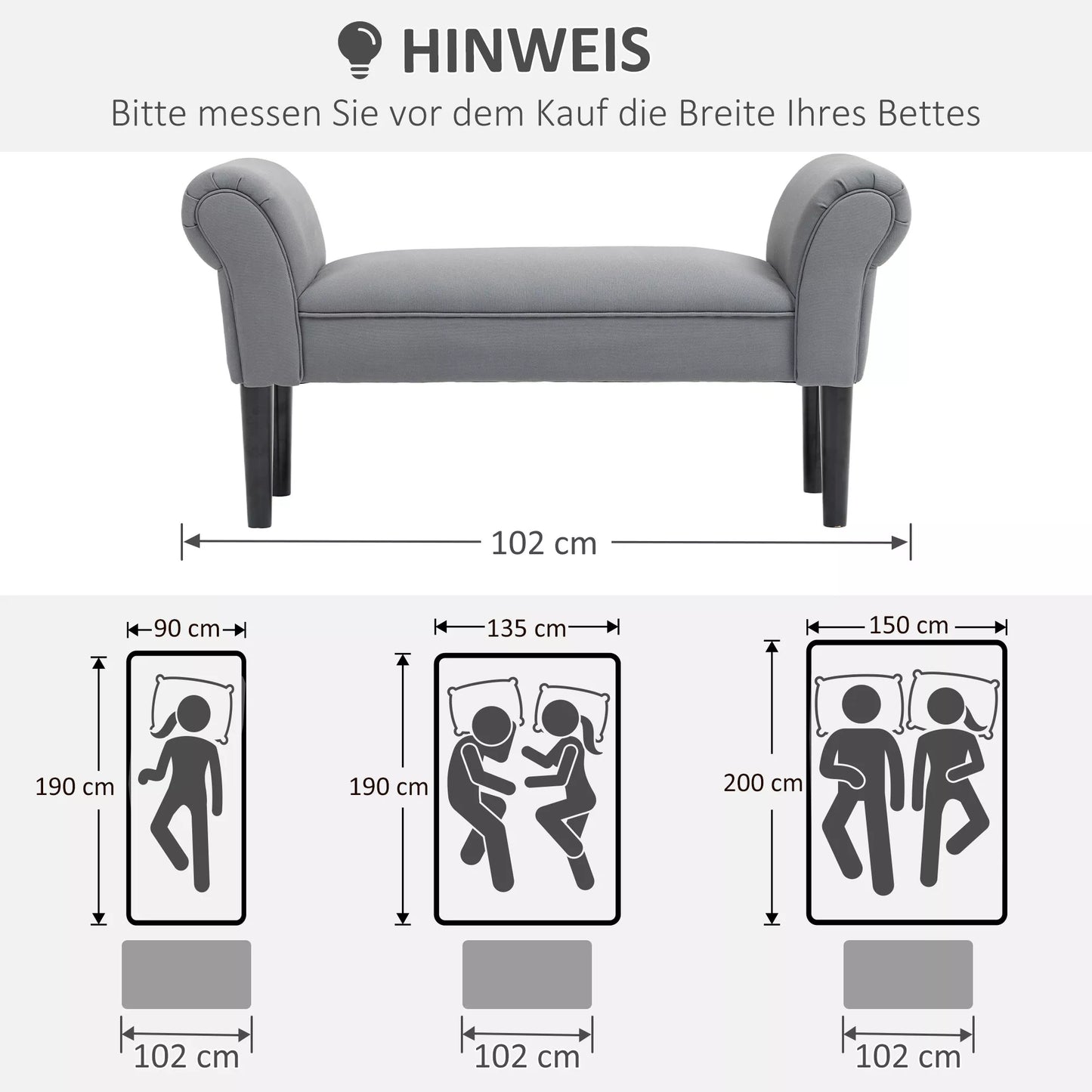 Sėdimoji suoliukas, suoliukas prie lovos, tvirta konstrukcija, minkštas paminkštinimas, 102x36x51 cm, Pilka