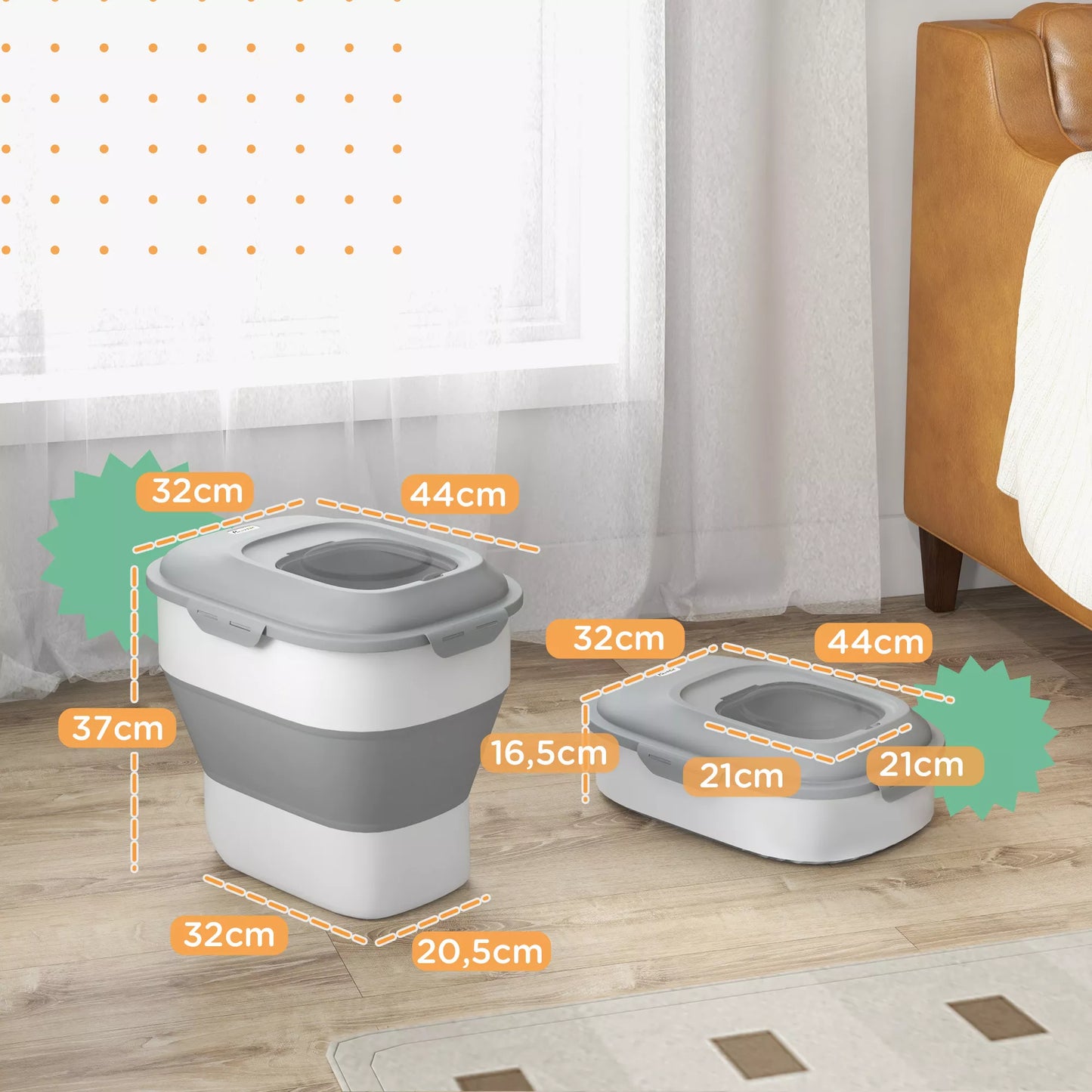 Sulankstomas sauso maisto laikiklis, iki 25 kg, su priedais, 44x32x37cm, Pilkas