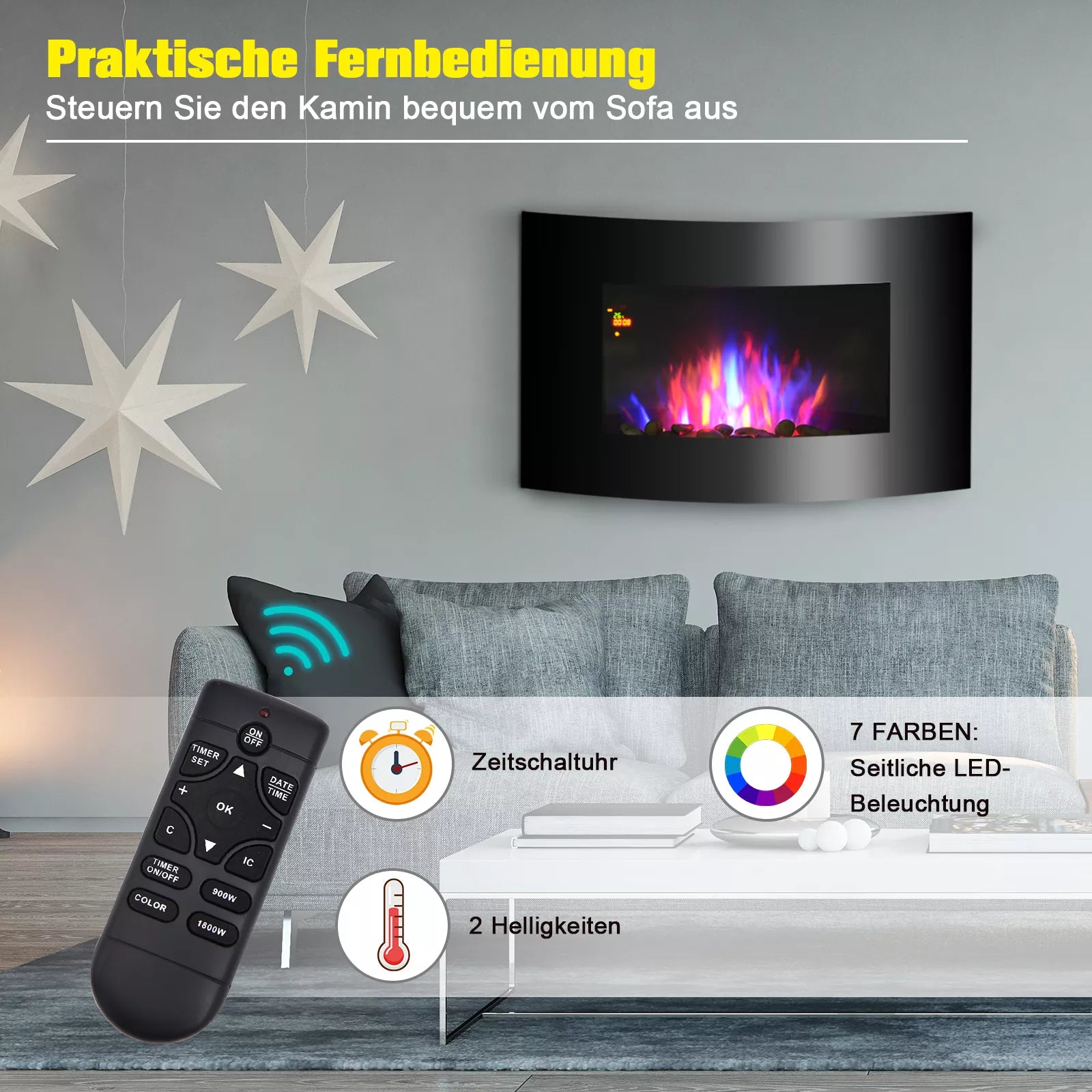 HOMCOM Elektrinis židinys su šildymu, elektrinis židinys su 3D liepsnos efektu, 7 liepsnos spalvos, 900/1800 W, sieninis židinys su laikmačiu, dekoratyvinis židinys su nuotolinio valdymo pultu, juodas, 65 cm