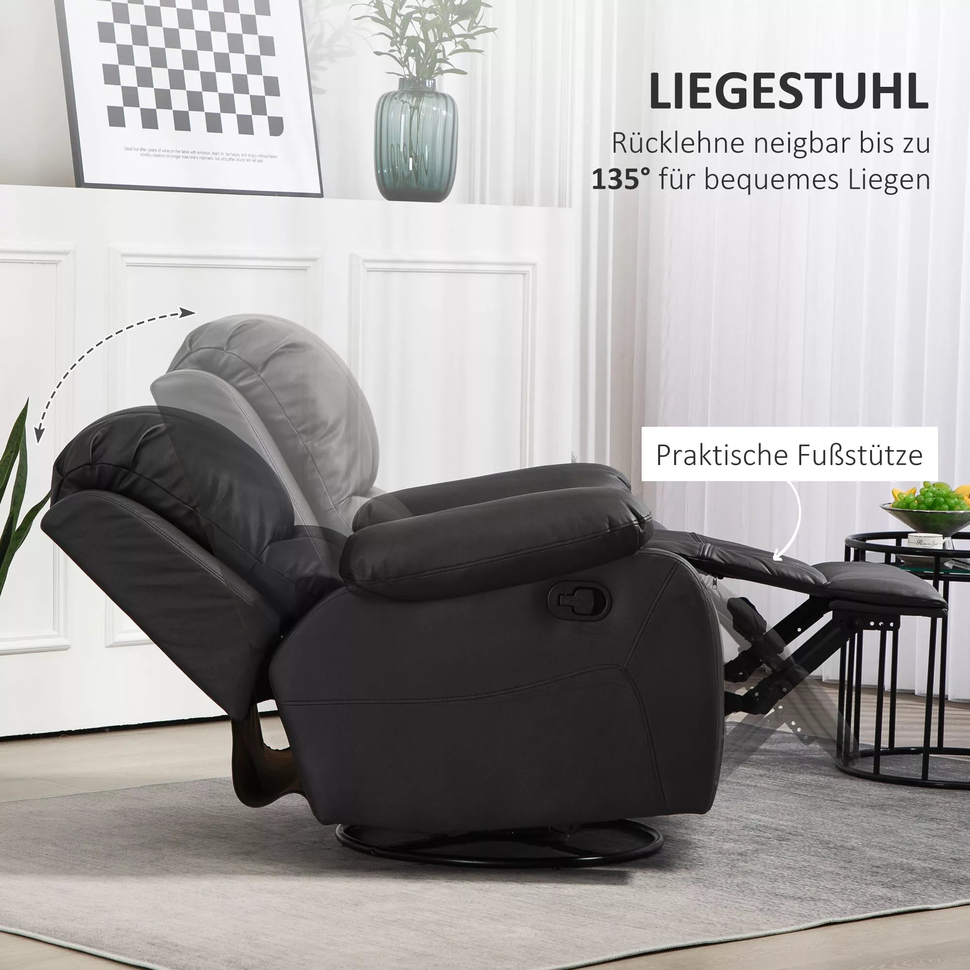 Atpalaiduojantis fotelis, reguliuojamas atlošas ir kojų atrama, sukiojamas, iki 150 kg, plieninis rėmas, 93x100x98 cm, juodas