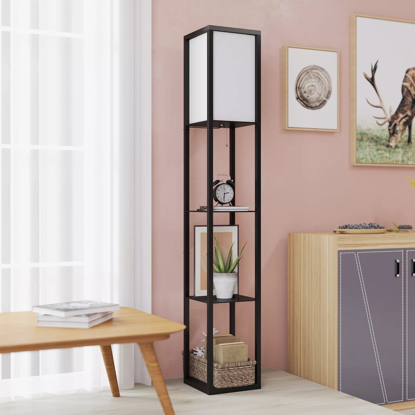 Pastelė lemputė su lentynomis, medinė grindų lempa, 26 x 26 x 160 cm, skirta svetainei/miegamajam (be lemputės)