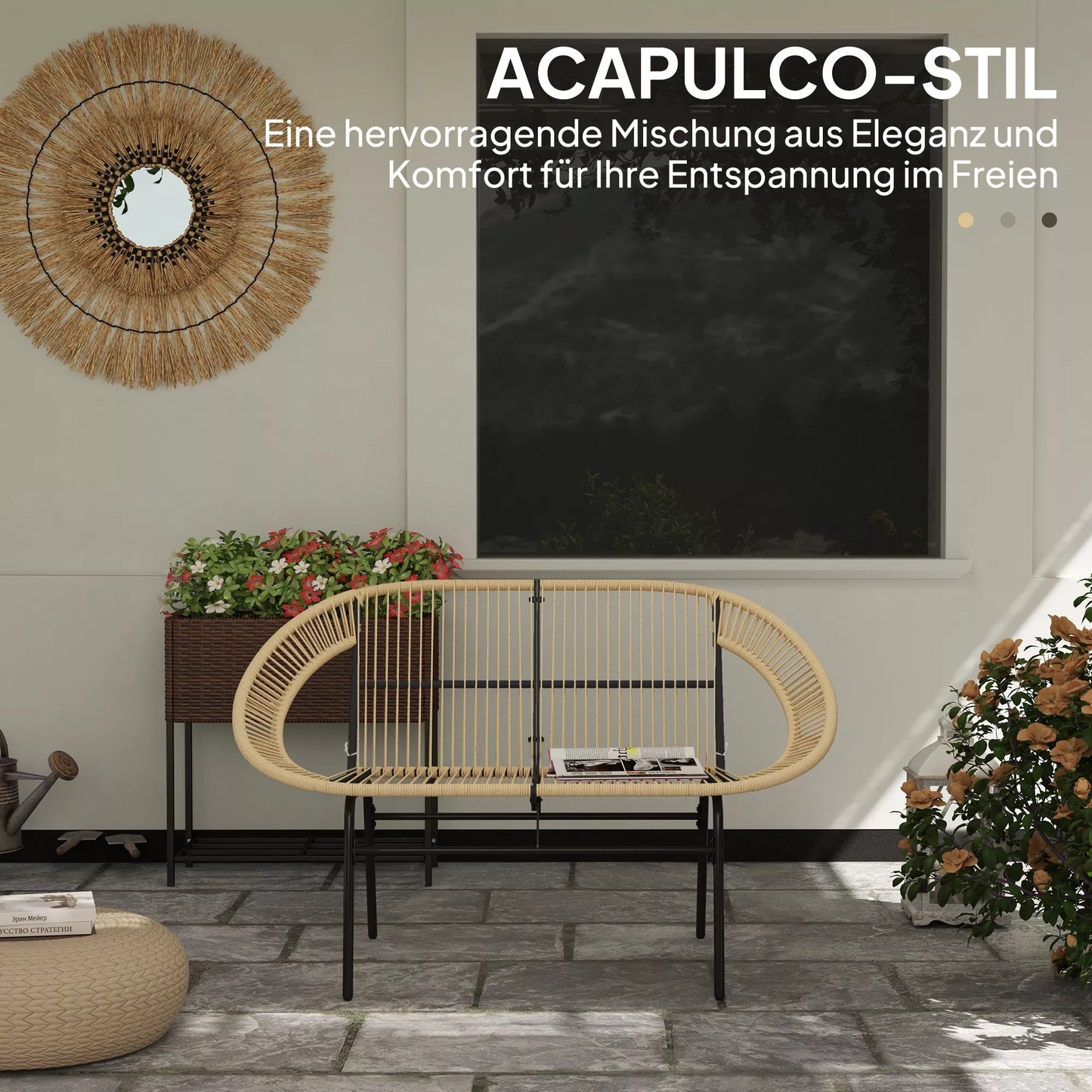 2 vietų sodo suolas Poliratano, atsparus oro sąlygoms Sėdimoji dalis ratano pynimo dizaino, atsparus UV spinduliams 260kg apkrova Chaki