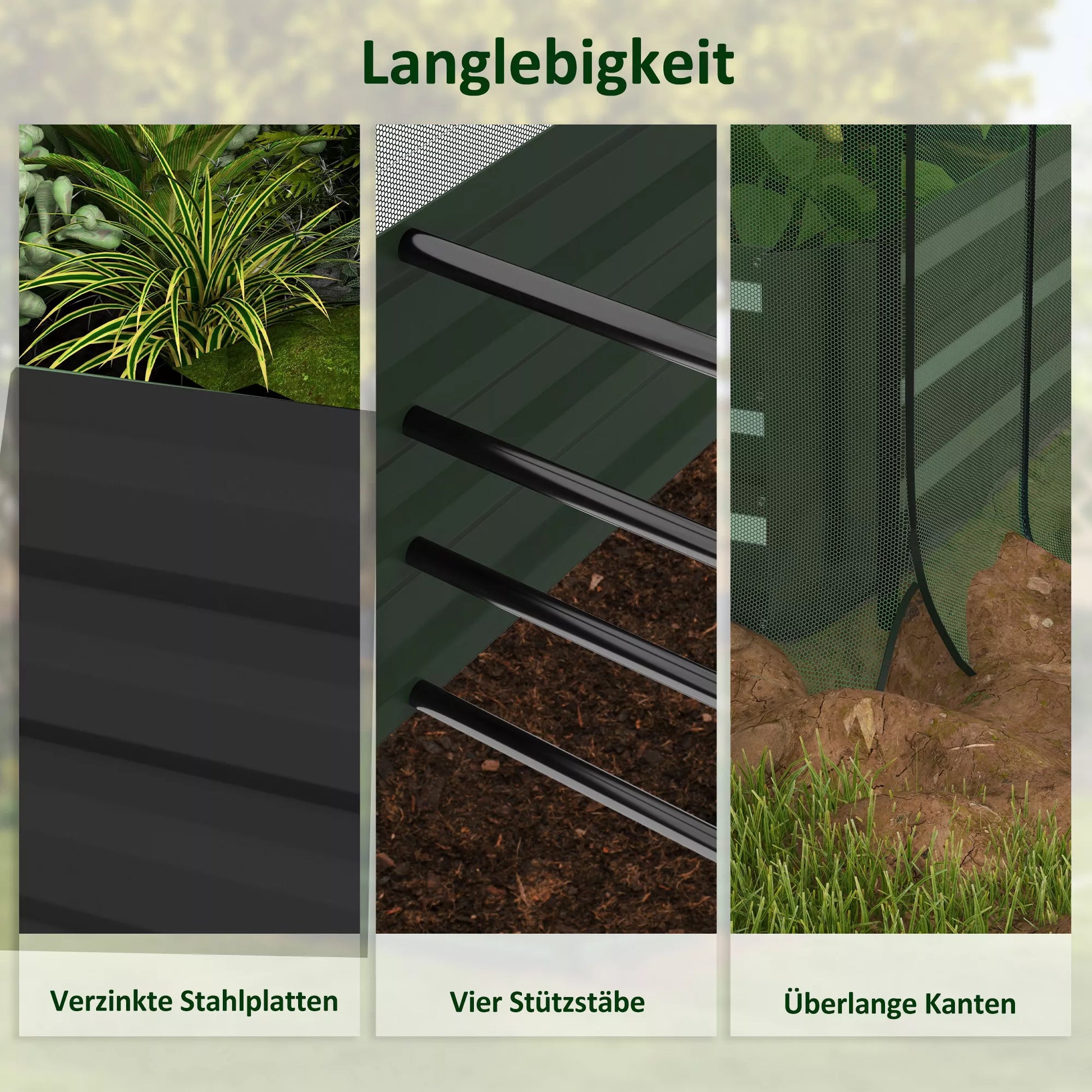 Aukštas lysvė su paukščių apsaugos tinklu ir apsauga nuo saulės, metalinis korpusas, 230x110x110 cm, pilka/žalia/juoda