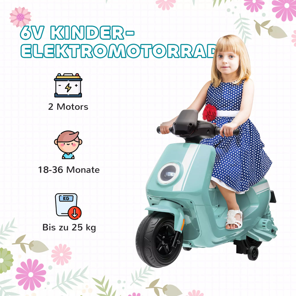 6 V elektrinis motociklas vaikams, su žibintais ir muzika, priekinė ir atbulinė eiga, pagalbiniai ratai, 18–36 mėnesių, žalias