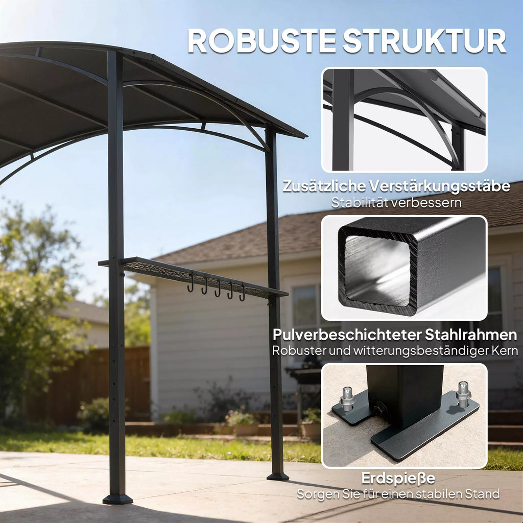 Grill paviljonas 2,4 x 1,5 m, ugniai atsparus sodo paviljonas su arkiniu stogu, šoninėmis lentynomis, kabliais, tamsiai pilkos spalvos