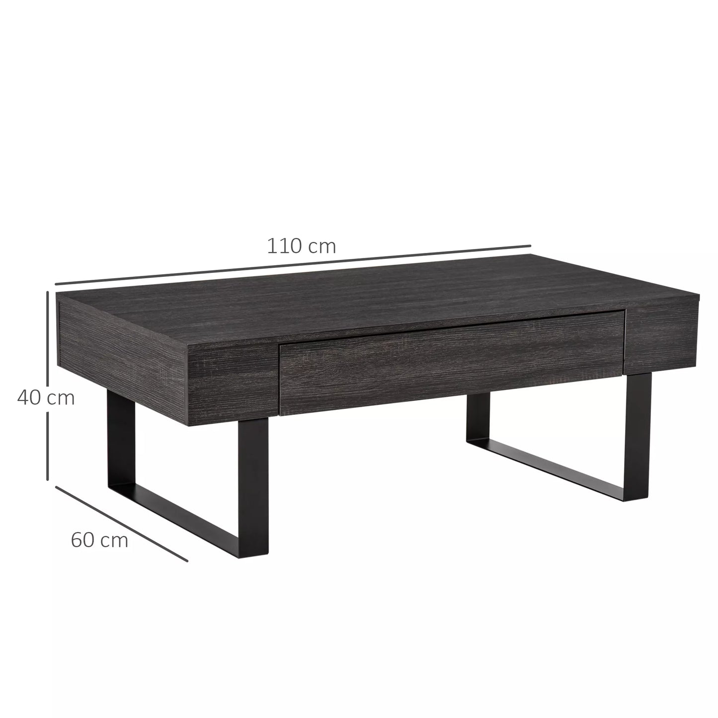 Modernus svetainės staliukas su stalčiumi ir metaliniu rėmu, 110 x 60 x 40 cm, tamsiai pilkas