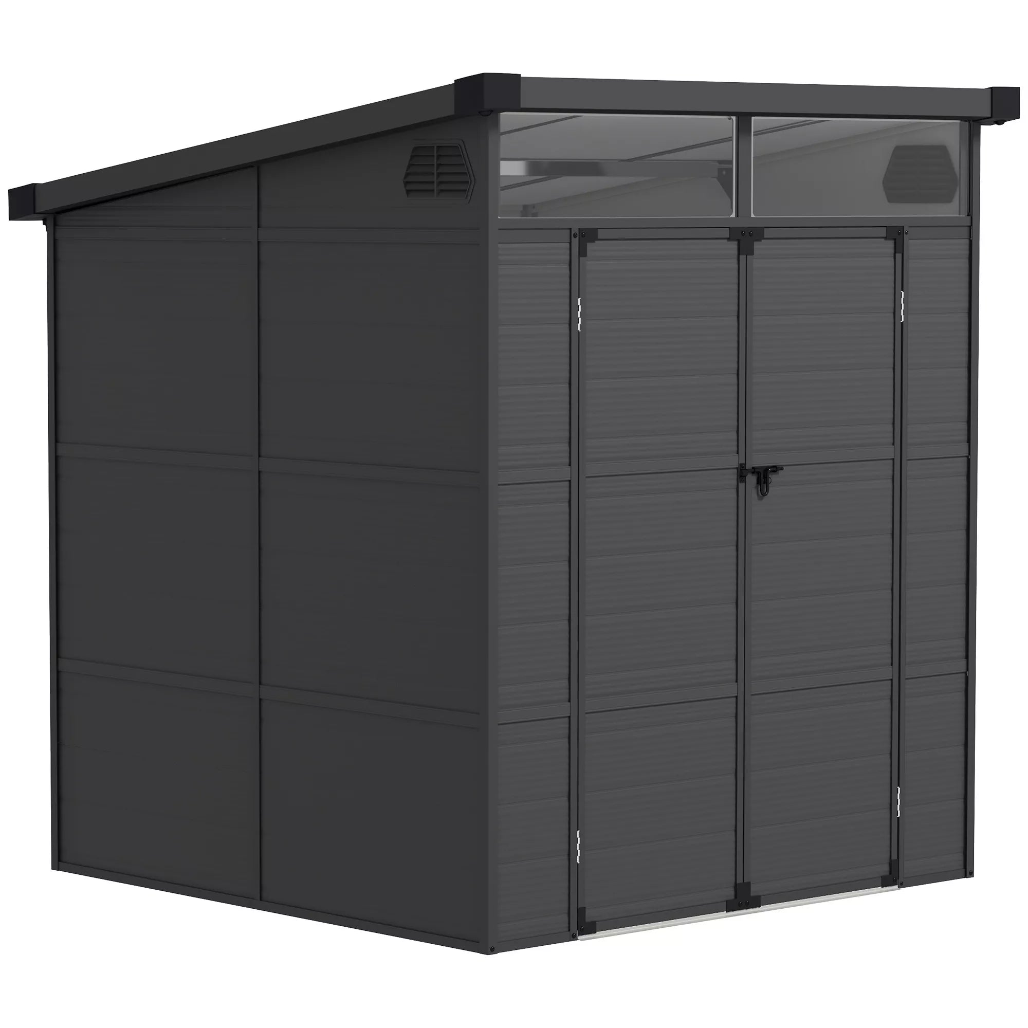 1,9 x 1,9  m sodo namelis, plastikinis įrankių namelis , užrakinamos durys, 2 ventiliacijos angos, tamsiai pilkos spalvos