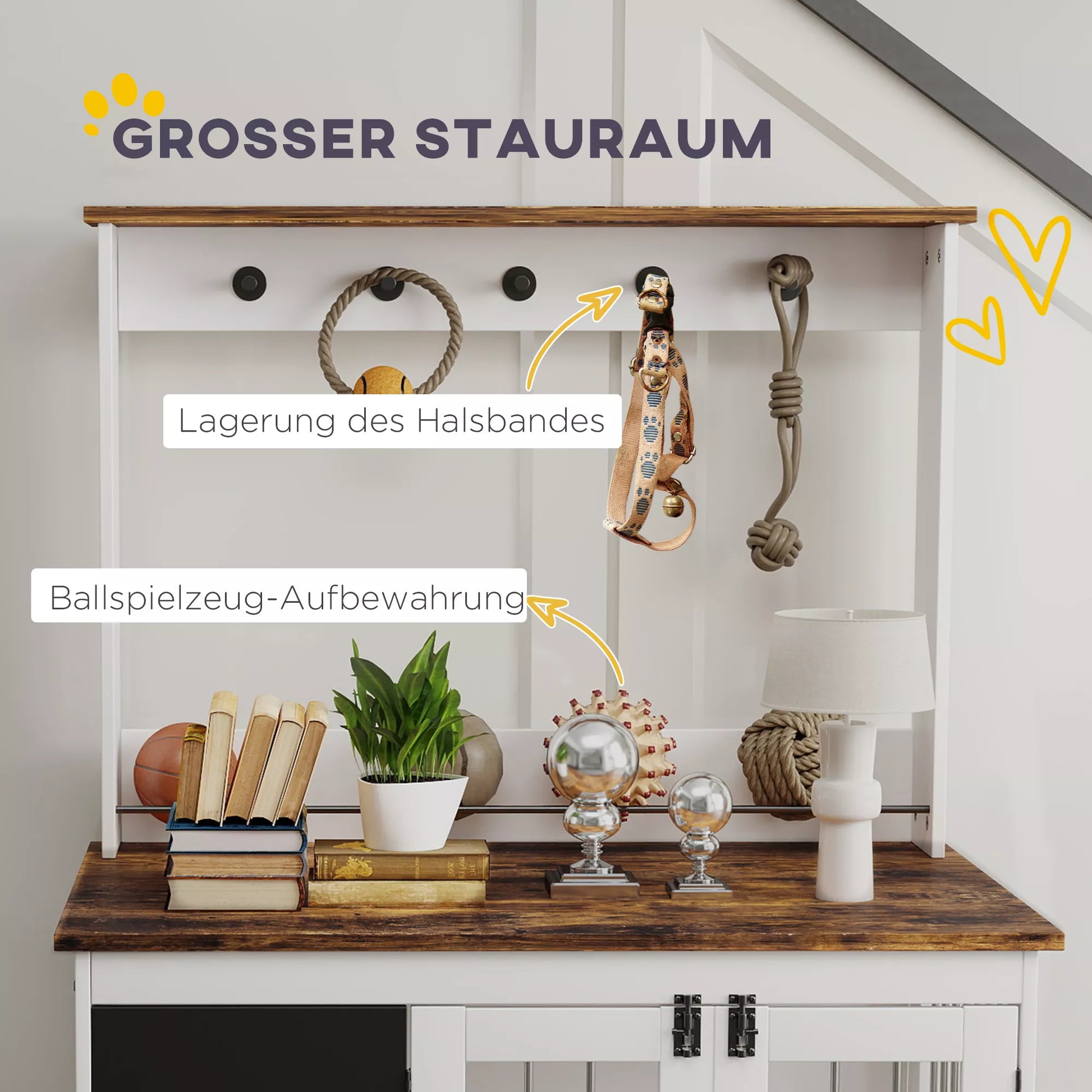 Šunų dėžė su laikymo lentyna žaislams, kabliai pavadėliams, rašomoji lenta, trintukas, dideliems šunims, balta