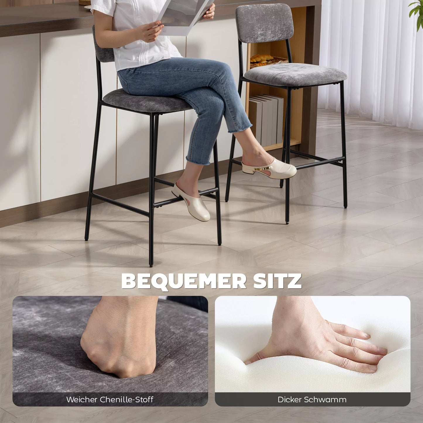 Baro kėdžių komplektas 2 vnt. su atlošu ir kojų atrama, paminkštintos, audinio apmušalas, pilkas