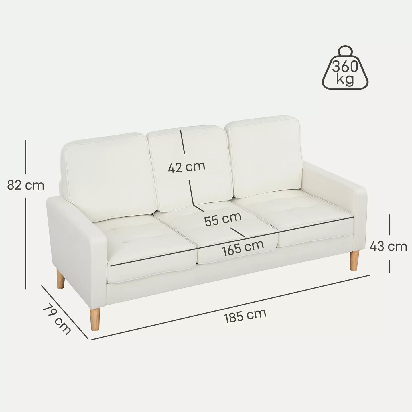 3 vietų sofa su storais pagalvėlėmis, kaučiuko medis, audinio apmušalas, minkšta sofa svetainėms, biurams, miegamiesiems, kreminė balta spalva
