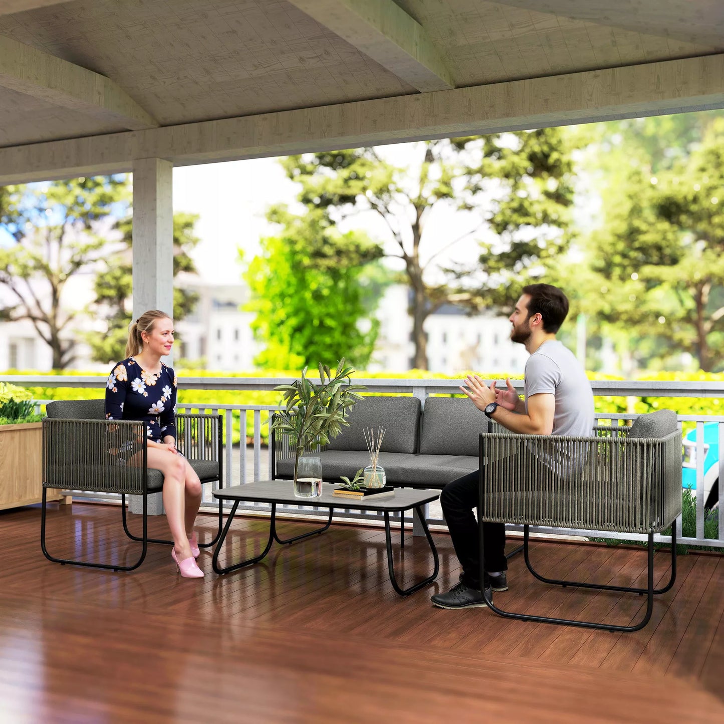 Lauko baldų komplektas iš poliratano, Lounge tipo komplektas su sofa, foteliu, stalu ir pagalvėlėmis, atsparus oro sąlygoms, 116 x 60 x 69 cm, ruda+tamsiai pilka