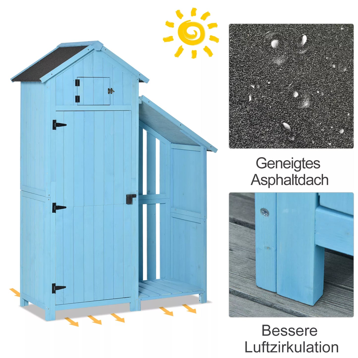 Sodo namelis įrankių sandėliukas su malkine, 3 lentynomis, asfalto danga, eglės mediena, dangaus mėlynumo, 130 x 54,5 x 180 cm