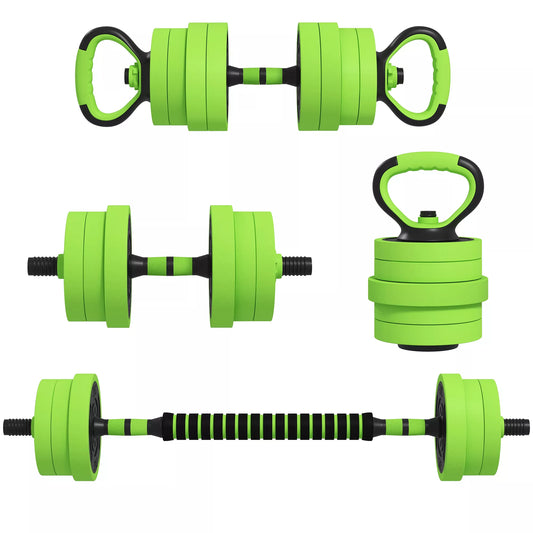 4 viename treniruočių svarmenų rinkinys 20 kg, galimi reguliuojami trumpieji svarmenys & ilgasis svarmuo, kettlebell, atsispaudimų rankenos žalios