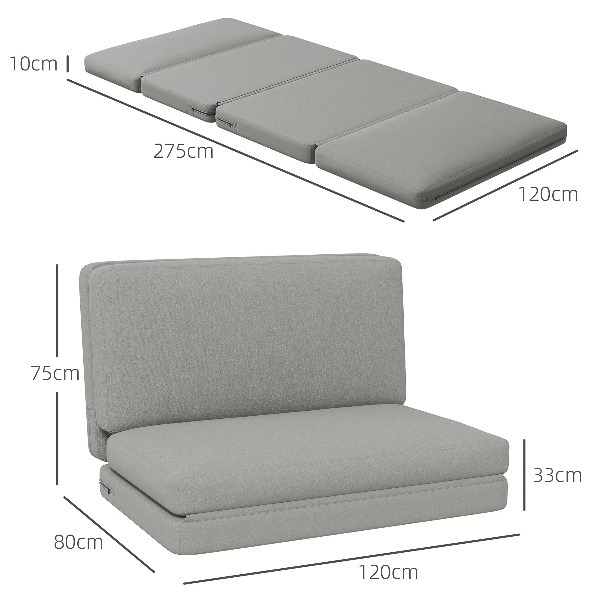 2-in-1 sulankstomas poilsio krėslas, svečių čiužinys, dalomas, 120 cm pločio, šviesiai pilkos spalvos