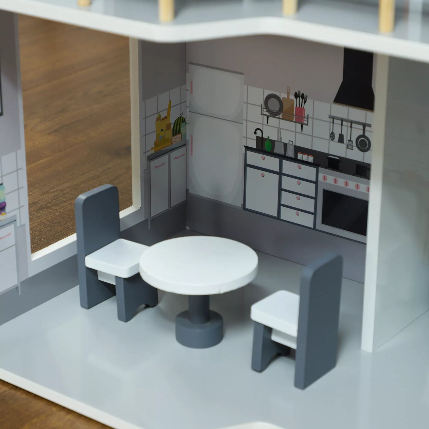 Medinis lėlių namelis su 13 baldų ir priedų, 3 aukštų žaidimų namelis vaikams nuo 3 iki 6 metų