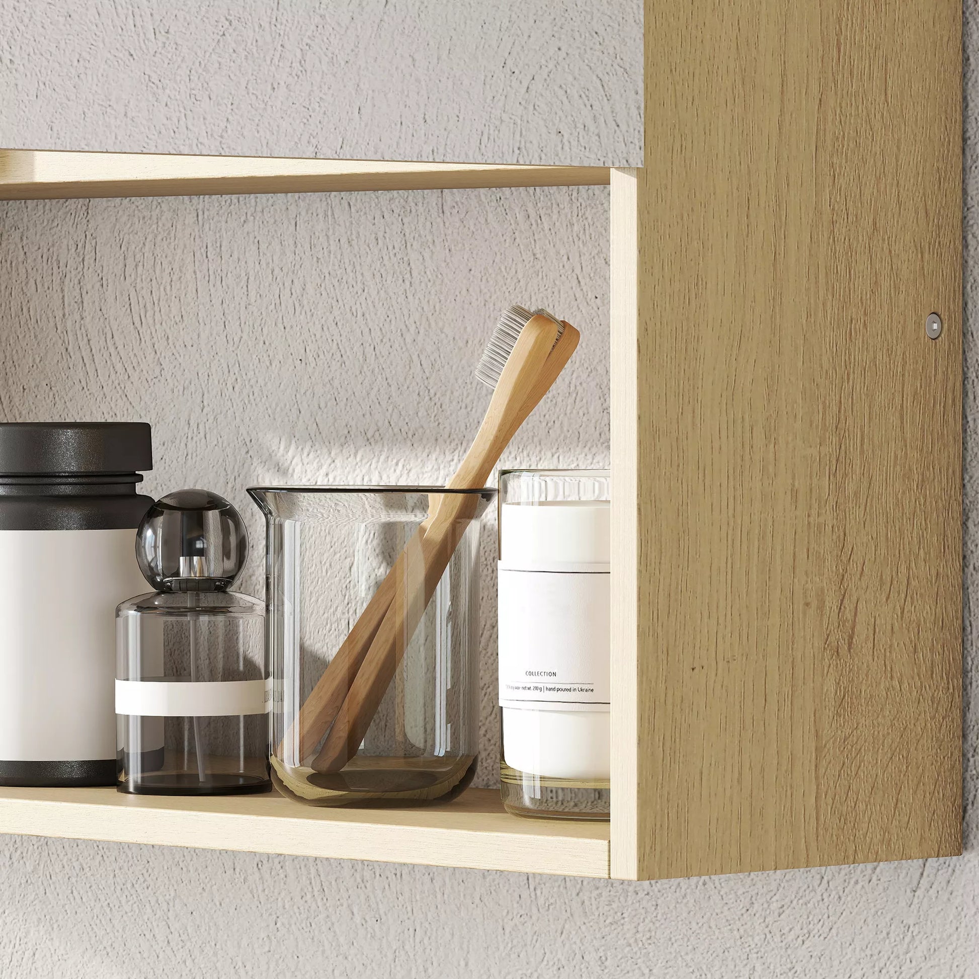 Vonios spintelė, veidrodinės durys, atvira lentyna, sieninis montavimas, MDF, medžio drožlių plokštė, ąžuolas