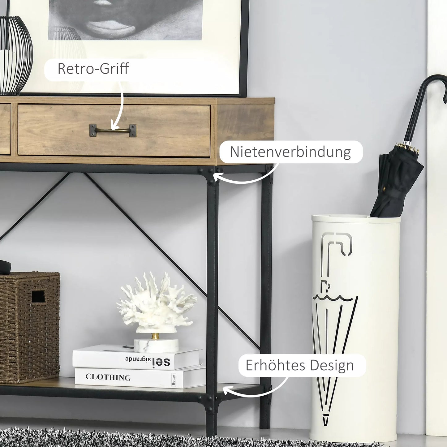 Konsolė, prieškambario stalas su lentynėle ir 2 stalčiais, 100 x 35 x 76,5 cm, pagalbinis stalas, sofos stalas, ekspozicinis stalas mažoms patalpoms, prieškambariui, koridoriui, svetainei, rudos ir juodos spalvos.