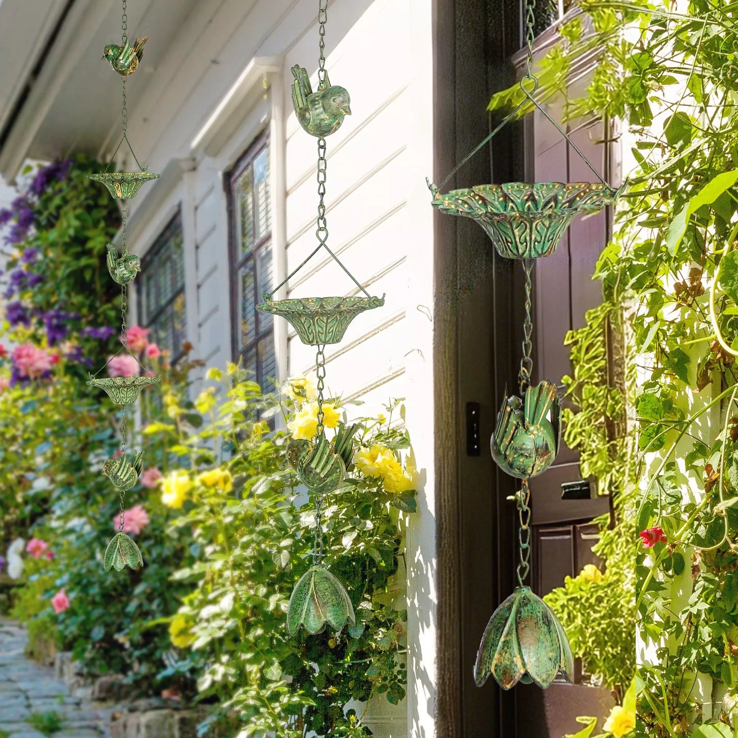 3 vnt. Rinkinys Lietaus Grandinės 123cm Metalinis Vandens Nutekėjimo Vamzdelis su Pritvirtintu Pakabuku Paukščių Varpelis Žalias