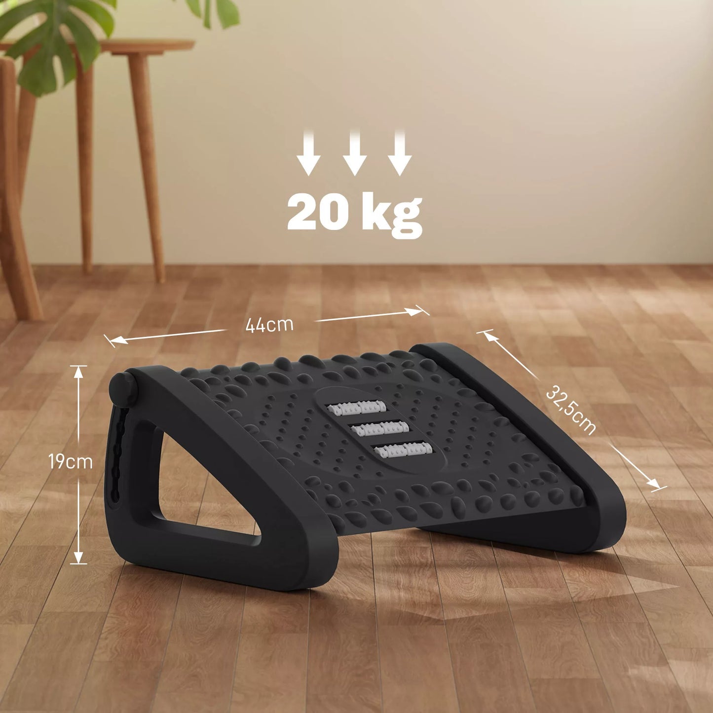 Kojų atrama stalui, aukščio reguliuojama pakoja su masažo paviršiumi ir ratukais, plastikas, juoda