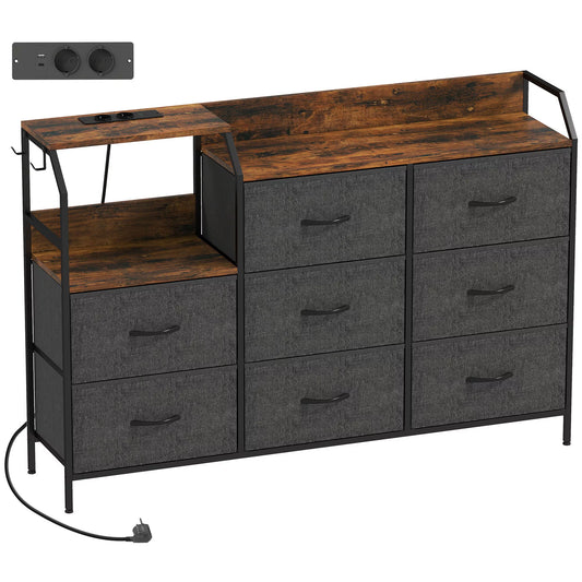 Komoda su 8 medžiaginiais stalčiais, su įkrovimo stotele, plienas, ruda/juoda