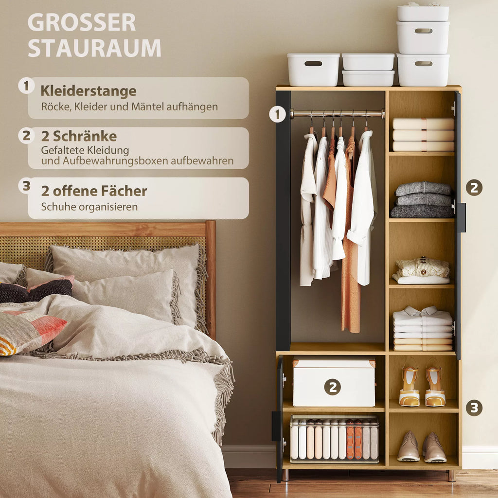 Spinta su veidrodžiu ir pakabinama drabužių kabykla, laikymo skyriais, atviromis lentynomis, natūralaus medžio, juoda