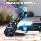 Infografika apie automatinį mėlyno pedalinio kartingo sankabos mechanizmą su mėlynu paryškinimu
