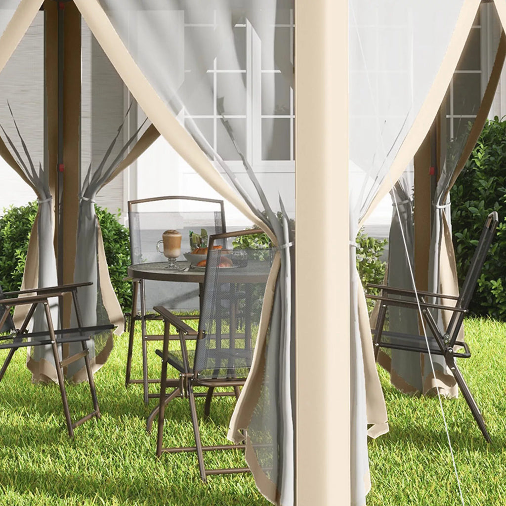 Paviljonas 4x4 m, vandeniui atsparus, iššokantis šešiakampis sulankstomas paviljonas, dvigubas stogas, sodo paviljonas su 6 šoniniais elementais, vakarėlių palapinė su nešimo maišeliu, skirtas sodui, terasai, festivaliui, smėlio spalvos + chaki