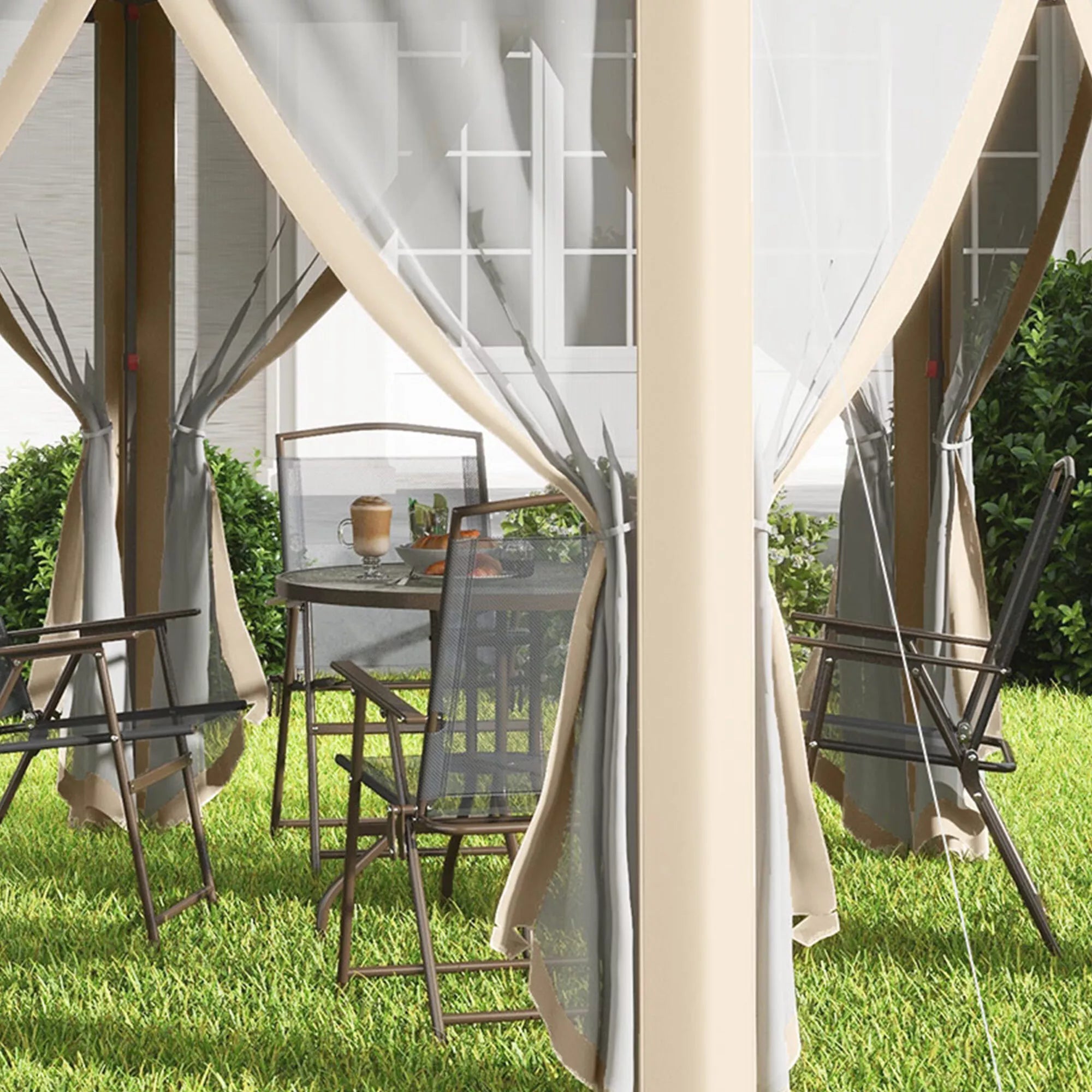 Paviljonas 4x4 m, vandeniui atsparus, iššokantis šešiakampis sulankstomas paviljonas, dvigubas stogas, sodo paviljonas su 6 šoniniais elementais, vakarėlių palapinė su nešimo maišeliu, skirtas sodui, terasai, festivaliui, smėlio spalvos + chaki
