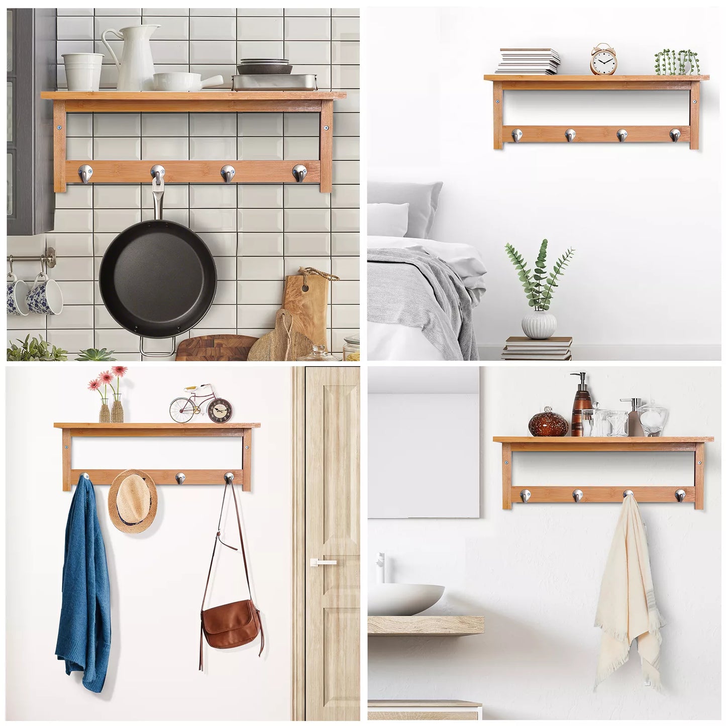 Sieninė drabužinė su kabliukais, tvirtinama prie sienos, erdvę taupanti, atlaiko iki 5 kg, 50 x 16 x 17,5 cm, natūralaus medžio