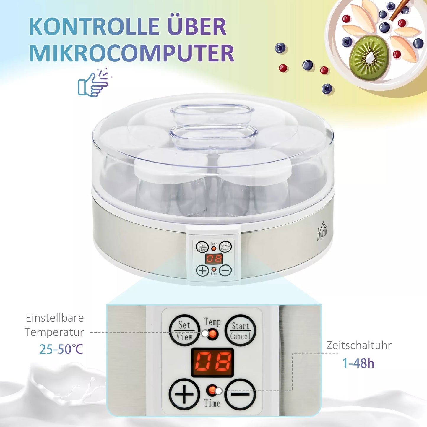 Jogurto gaminimo aparatas, su 7 stiklainiais, nerūdijančio plieno, 24 cm x 24 cm x 13 cm, sidabro + balta