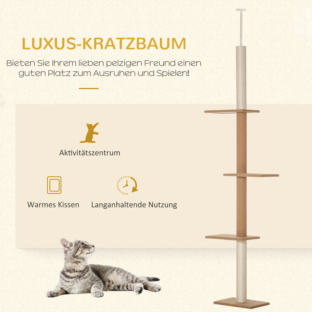 Kratzbaum Deckenhoch, 228-260 cm aukščio reguliuojamas kačių medis, 3 lygių kačių medis, kačių medžiojimo medis, žaidimų medis nuo grindų iki lubų, chaki spalvos