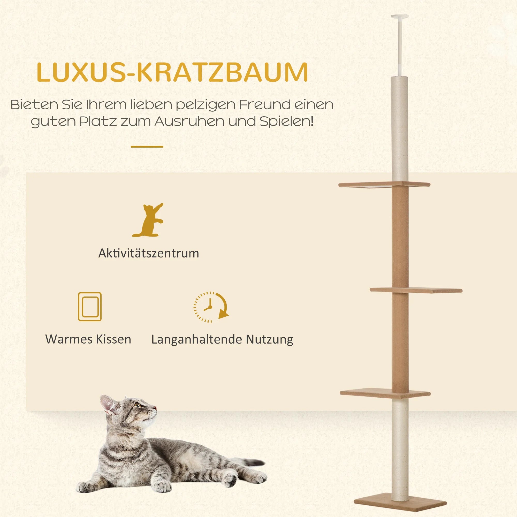 Kratzbaum Deckenhoch, 228-260 cm aukščio reguliuojamas kačių medis, 3 lygių kačių medis, kačių medžiojimo medis, žaidimų medis nuo grindų iki lubų, chaki spalvos