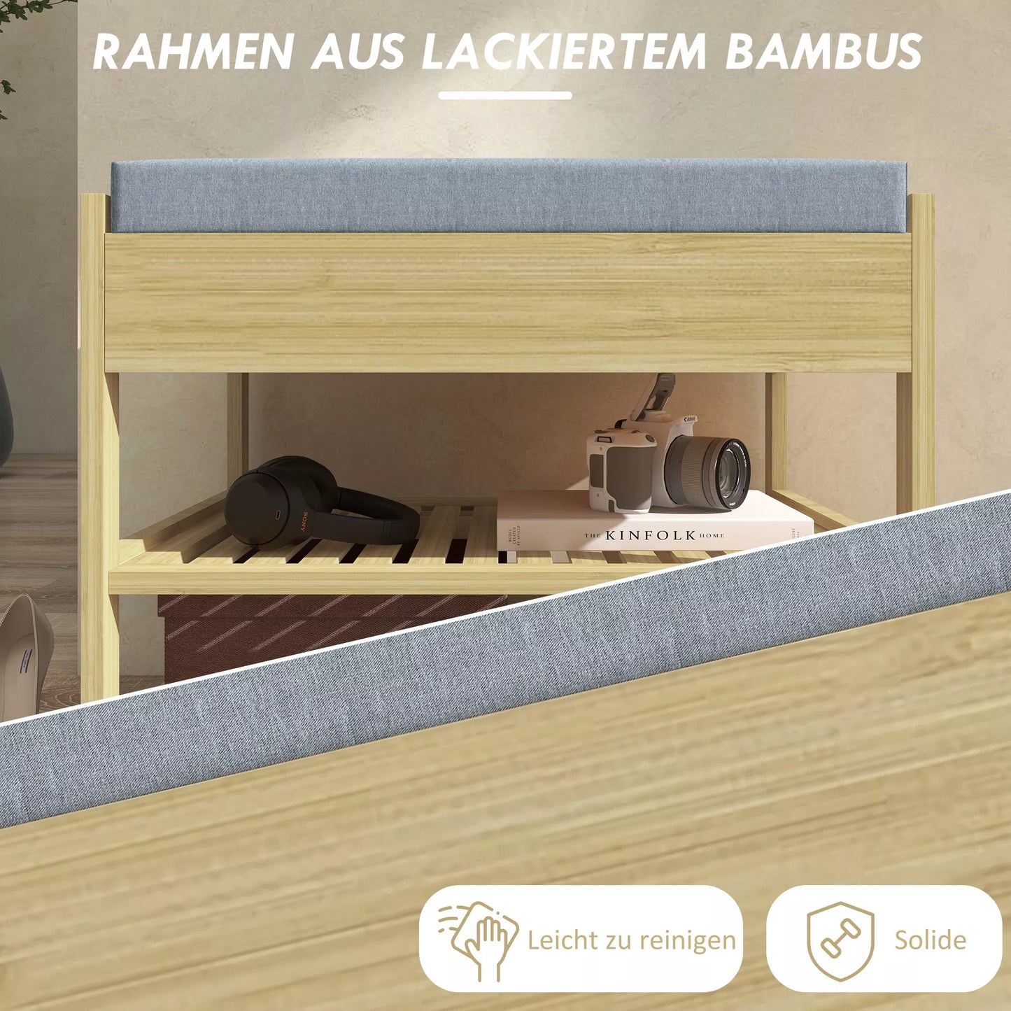 Batų suoliukas-lentyna, 2 lentynos, sėdimoji dalis, bambukas, 55 cm x 35 cm x 46 cm, pilka + natūrali