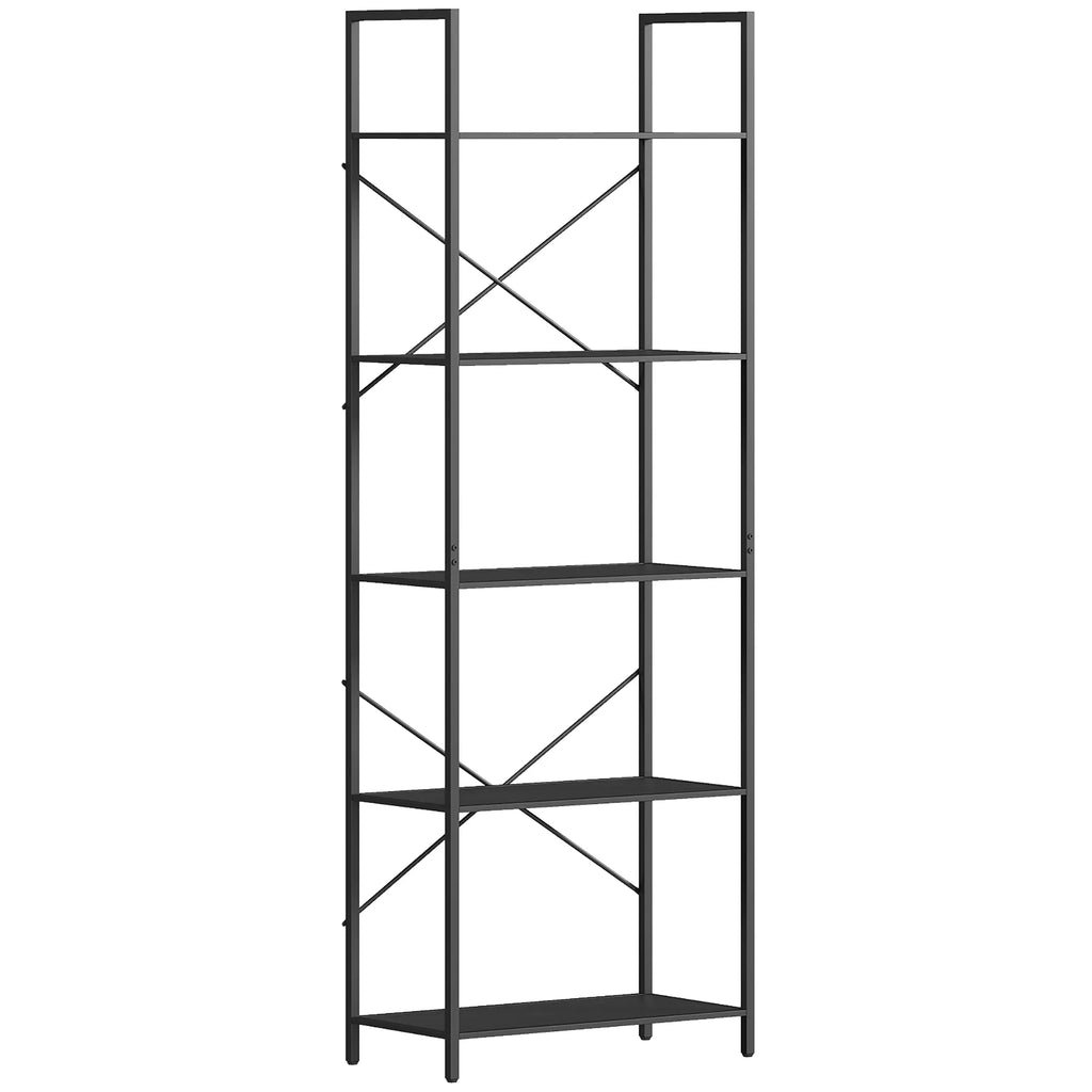 Knygų lentyna, stovas su 5 lygiais, pramoninė biuro lentyna su metaliniu rėmu, atvira laikymo lentyna gyvenamajam kambariui, biurui, darbo kambariui, 60x30x170,5 cm, juoda