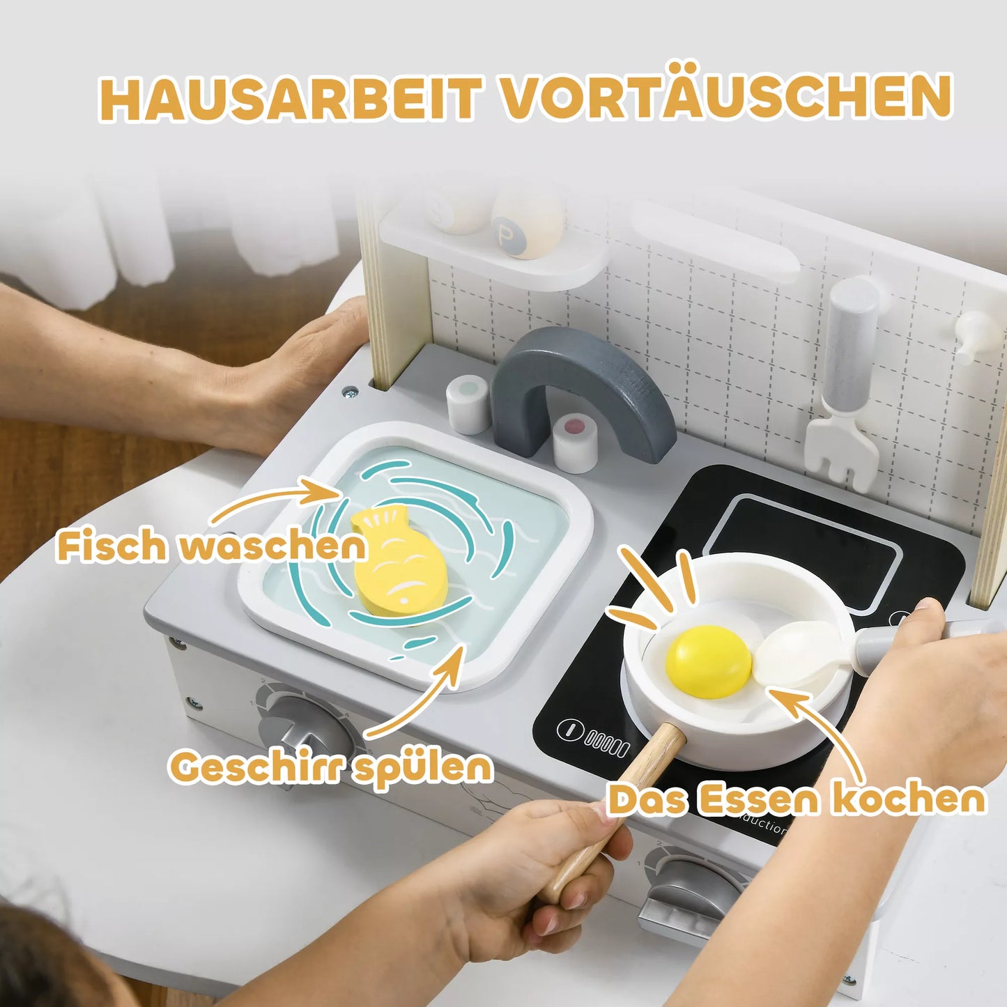 Vaikiškų virtuvėlių rinkinys, 10 dalių, su prieskonių buteliukais, puodu, kiaušiniu, žuvimi, 36x21,5x25 cm, Pilka/Geltona