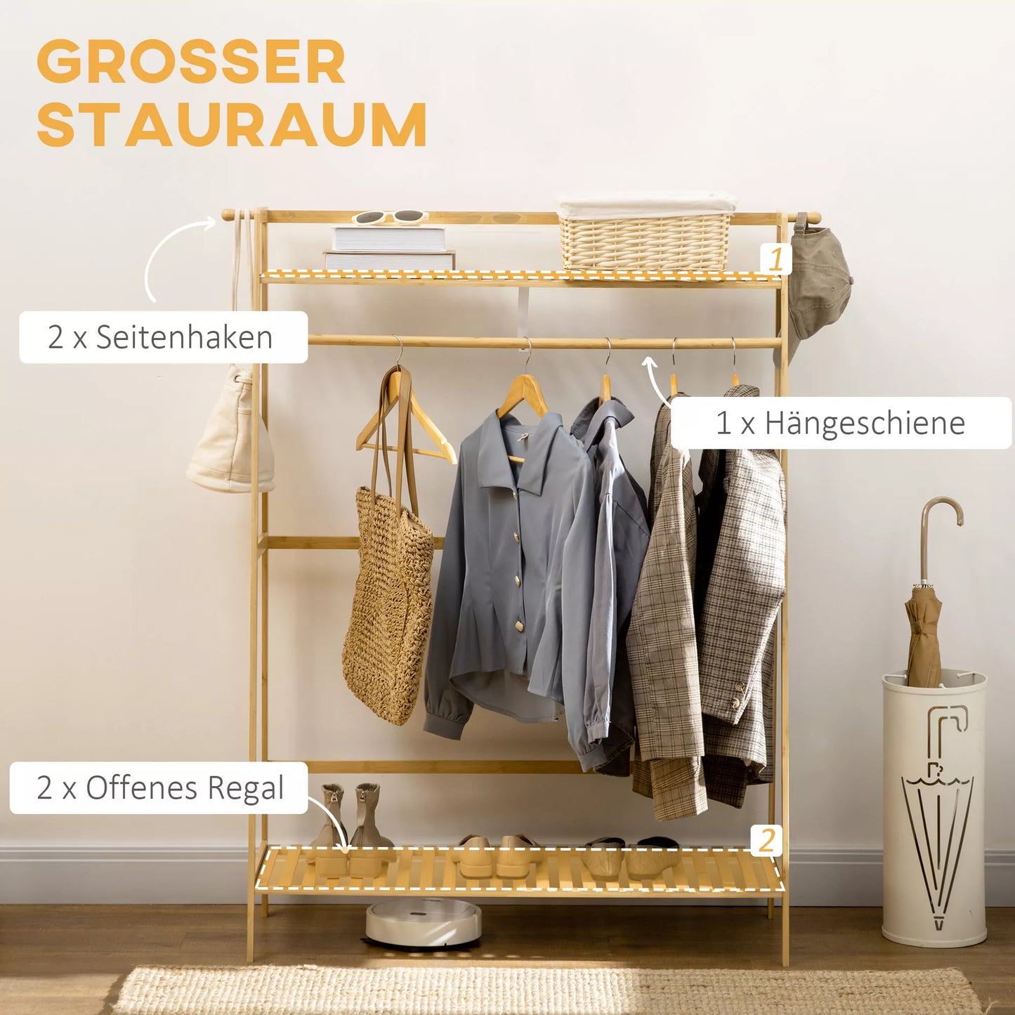 Drabužių stovas iš bambuko, 2 pakabos kabliukai, drabužių kabykla, 2 lentynos, 114 x 40 x 139 cm