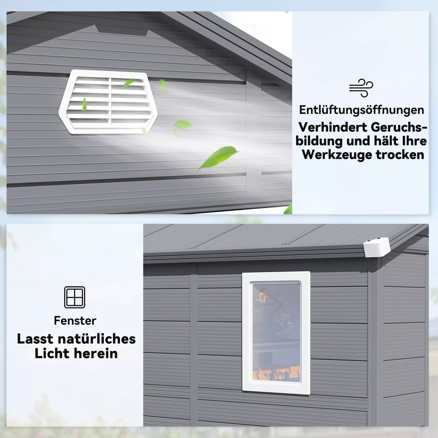 Outsunny Sodo namelis, pavėsinė su ventiliacijos langu, plastikas, metalas, 240 x 190 x 180/228, pilka