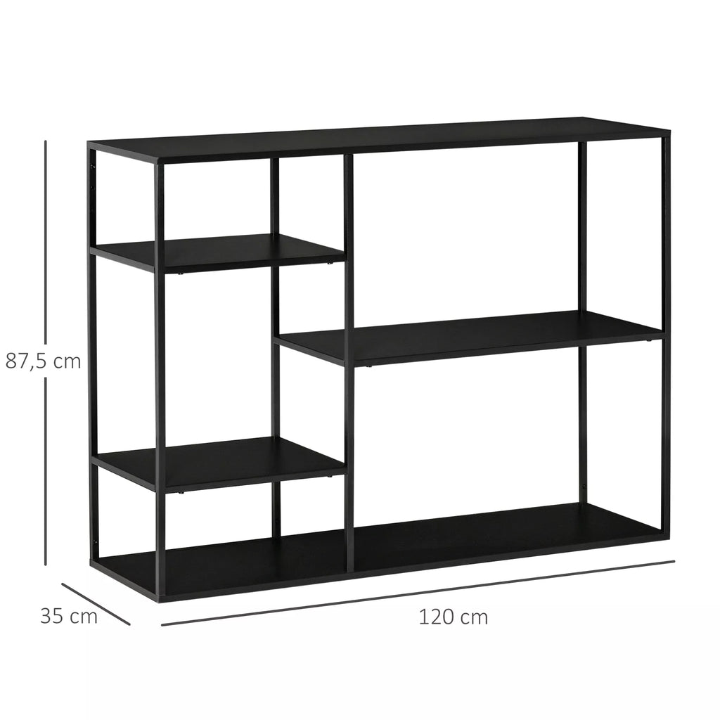 Pastatoma knygų lentyna su 5 atviromis lentynomis, laikymo lentyna su metaliniu rėmu, kubinė lentyna virtuvei, svetainei, juoda, 120 x 35 x 87,5 cm