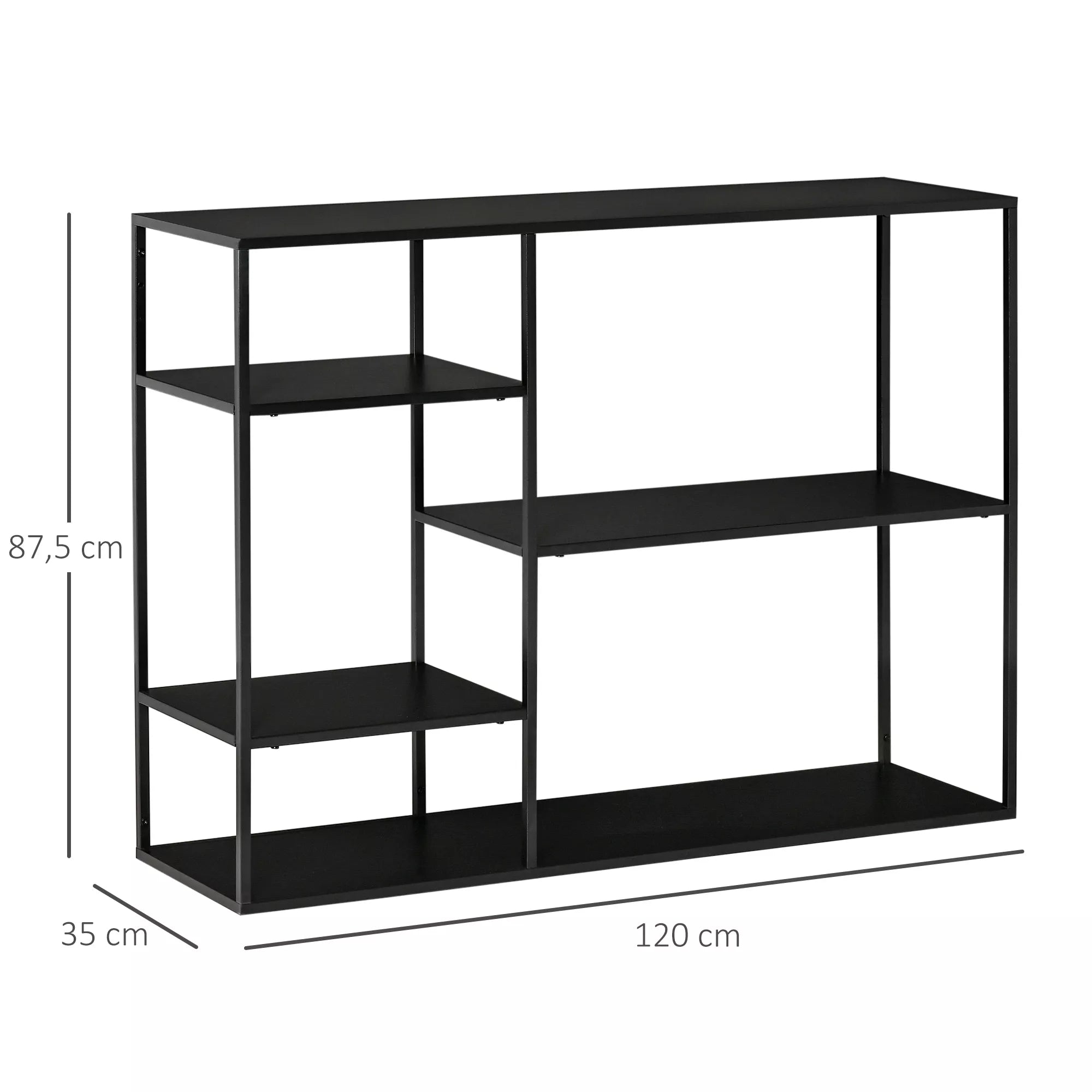 Pastatoma knygų lentyna su 5 atviromis lentynomis, laikymo lentyna su metaliniu rėmu, kubinė lentyna virtuvei, svetainei, juoda, 120 x 35 x 87,5 cm