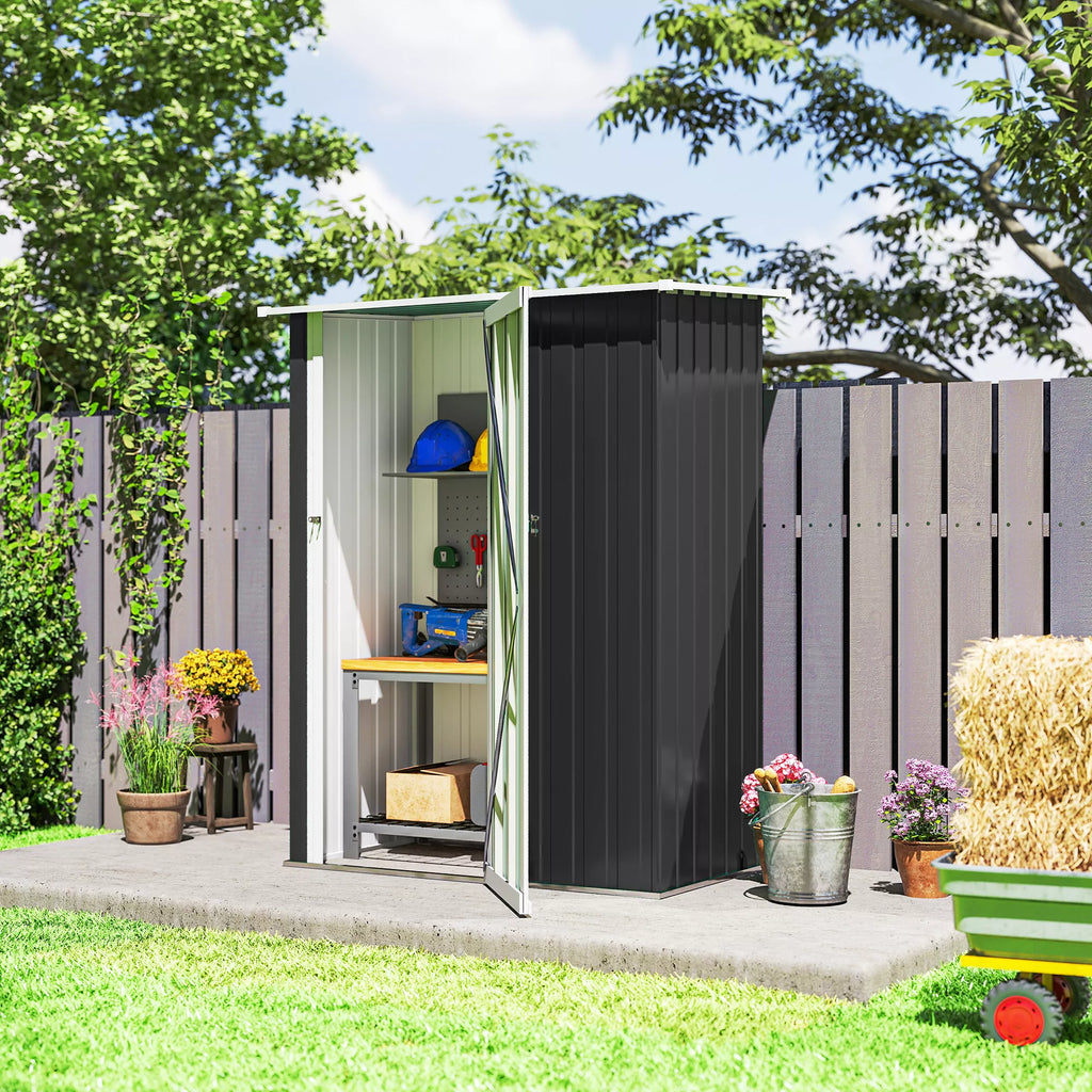 Metalinis įrankių sandėliukas 1,07 m² 142 x 86 x 189 cm Įrankių sandėliukas su vienšlaičiu stogu Užrakinamos durys, atsparus atmosferos poveikiui Sodo namelis Lauko sodo sandėliukas kiemui Lauko erdvė Tamsiai pilkos spalvos
