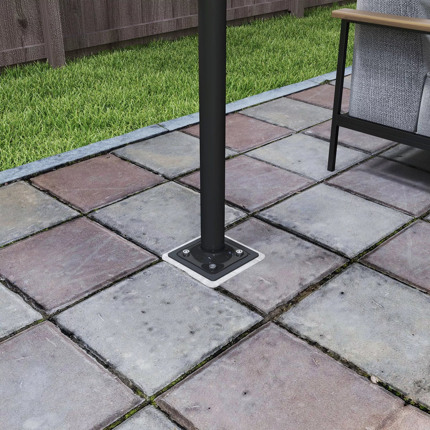 Skėčio stovas, pagrindas skėčiui, tvirtinimas prie žemės, fiksuotas montavimas, metalas, tamsiai pilkas