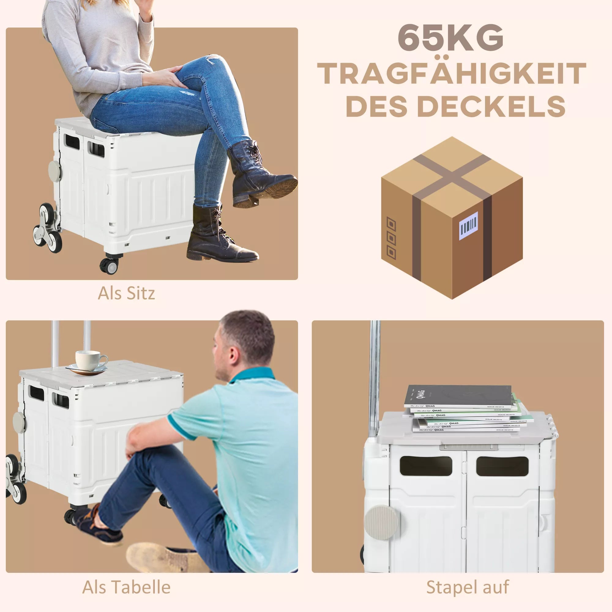 Pirkinių vežimėlis Laiptų kopiklis Mobilus transportavimo dėžė,  sulankstomas, teleskopinė rankena, maksimalus apkrovos svoris iki 65 kg, baltas
