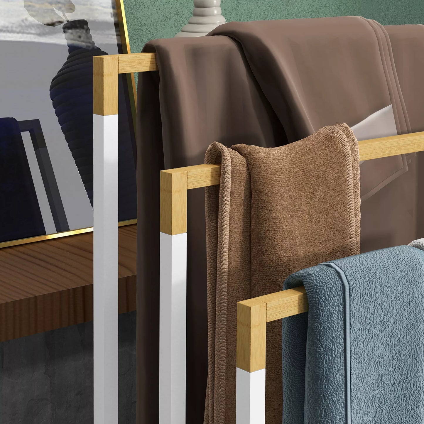 Rankšluosčių laikiklių rinkinys, 3 rankšluosčių strypai, pramoninio dizaino, bambukas, 45 x 22,5 x 86 cm, balta + natūrali