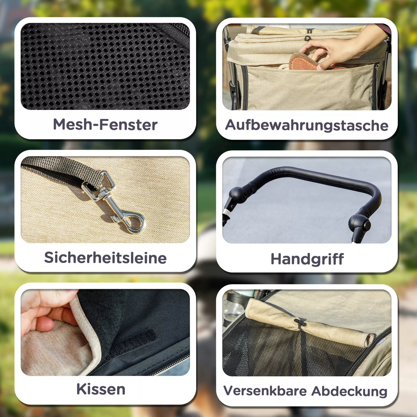 Vežimėlis šunims, lengvas ir sulankstomas transportavimo vežimėlis mažiems šunims, skalbiama pagalvėlė, tinklelio langas, Khaki